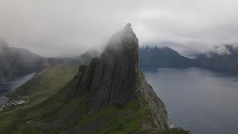 Aerial view of Segla mountain above the fjord, Senja Stock Footage 345168176