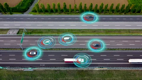 Aerial view of Self Driving Autonomous Cars with HUD-Elements on Highway. Stock Footage 188038638