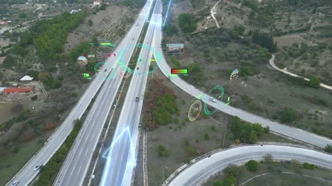 Aerial view of Self Driving Autonomous Cars with HUD Elements on City Highway Stock Footage 225137070