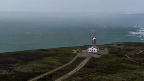Aerial view of Semaphore of pointe du raz with clouds and rains coming 02 Stock-Footage 131468442