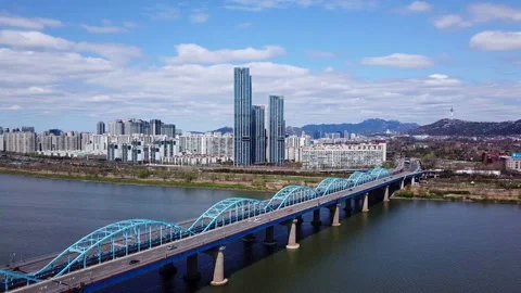 Aerial view of Seoul City and Korea railway at Han river in South Korea. Stock Footage