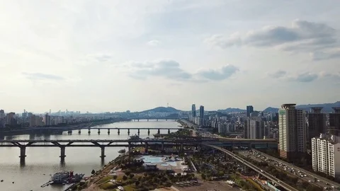 Aerial view Seoul City Skyline in Seoul,South Korea Stock Footage