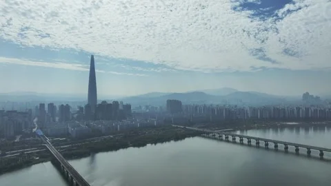 Aerial View of Seoul city in South Korea, Yeouido Financial District Stock Footage 292015953