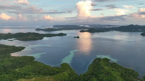 Aerial View of Serene Evening Light on Tropical Landscape in Solomon Islands Stock Footage 231566488