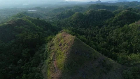 Aerial view of serene forested mountains with misty morning light. Stock Footage 337254384