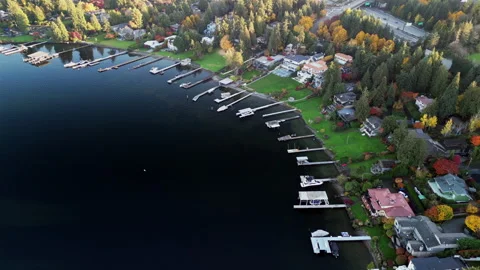Aerial View of Serene Lakefront with Private Docks and Boats in Autumn	 Stock Footage 281810341
