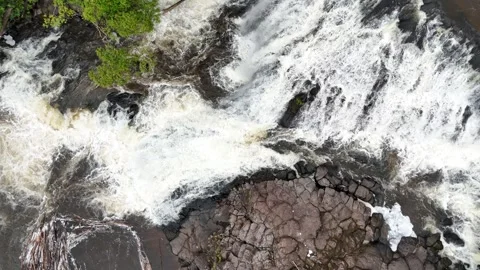 Aerial view of a serene waterfall surrounded by lush greenery and dense forest. Stock Footage 337994204