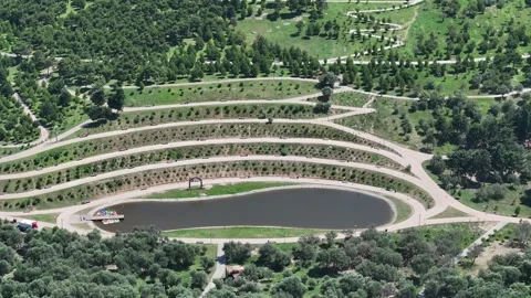 Aerial View of Serpentine Paths and Pond in Lush Green Park Landscape Stock Footage 341892050
