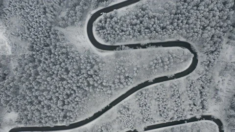 Aerial view on the serpentine s shape road with moving white automobile in the Stock Footage 149153547