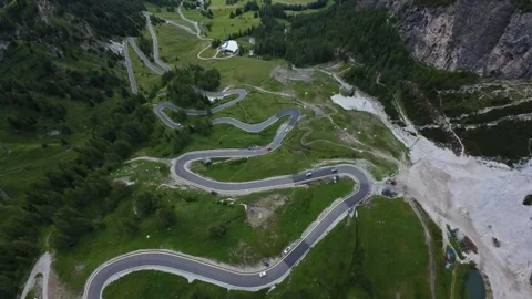 Aerial View Serpentine Switchbacks Dolomites, Dramatic Hairpin Turns Carve Stock Footage 330835229
