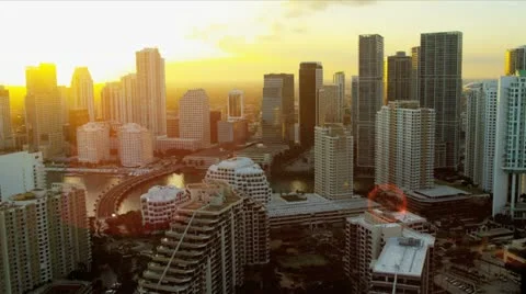 Aerial view setting sun over Miami Financial district Stock Footage 21994061