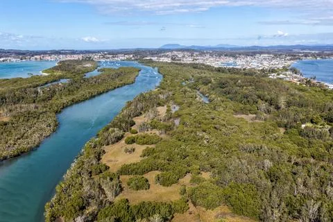 Aerial view from Settlement Point looking along the Hastings River Stock Photos