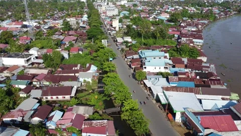 Aerial view of settlements on the banks of the river and densely populated .. Stock Footage 319971072