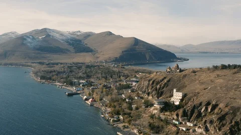 Aerial view of Sevanavank Monastery complex on the lake Sevan Stock Footage 119587078
