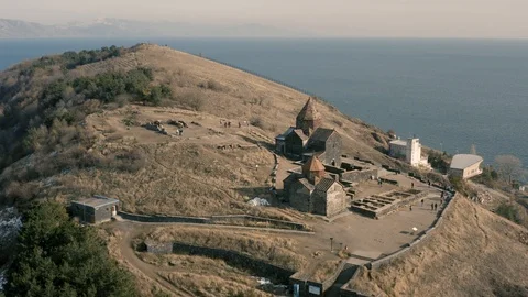Aerial view of Sevanavank Monastery complex on the lake Sevan Stock Footage 119587368