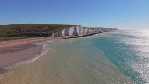 Aerial View of Seven Sisters Cliffs at Low Tide, East Sussex, England Stock Footage 332443576