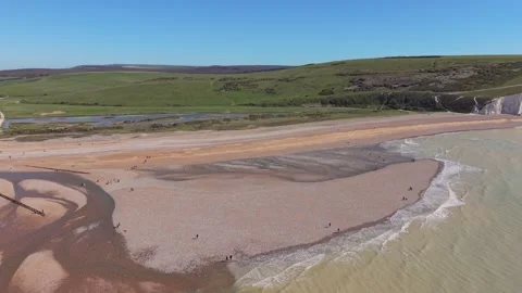 Aerial View of Seven Sisters Cliffs at Low Tide, East Sussex, England Stock Footage 332445353