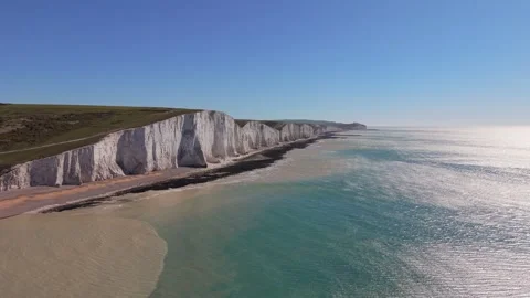 Aerial View of Seven Sisters Cliffs at Low Tide, East Sussex, England Stock Footage 332445528