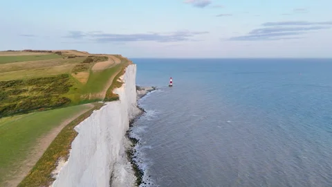 Aerial View SevenSisters Cliffs Lighthouse Stock Footage 337705289