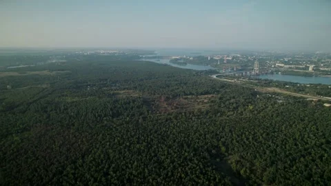 Aerial view of several bridges through Dnieper river. Hydroelectric station Stock Footage 204976550