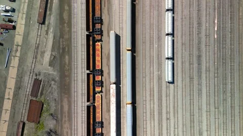 Aerial view of Several freight trains at the Industrial complex in Flat Roc.. Видео 317521982