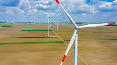 Aerial view of several windmills, wind generators, turbines Stock Photos