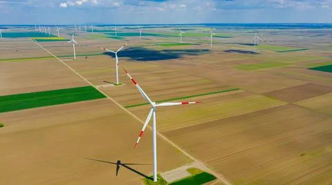 Aerial view of several windmills, wind generators, turbines Stock Photos