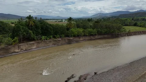 Aerial view of severe soil erosion on muddy riverbank edge Stock Footage 340921430