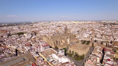 Aerial View of Seville City Including Cathedral and Torre del Oro, Spain Stock Footage
