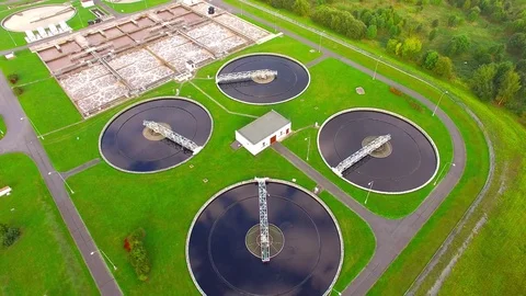 Aerial view to sewage treatment plant. Stock Footage