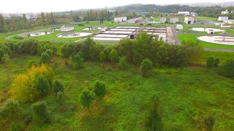 Aerial view to sewage treatment plant. Stock Footage