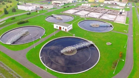 Aerial view to sewage treatment plant. Stock Footage