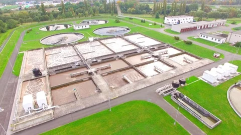 Aerial view to sewage treatment plant. Stock Footage