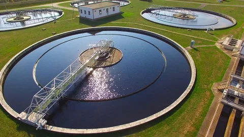 Aerial view to sewage treatment plant. Grey water recycling. Stock Footage