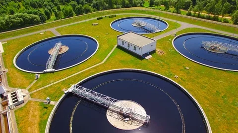 Aerial view to sewage treatment plant. Grey water recycling. Waste management. Stock Footage
