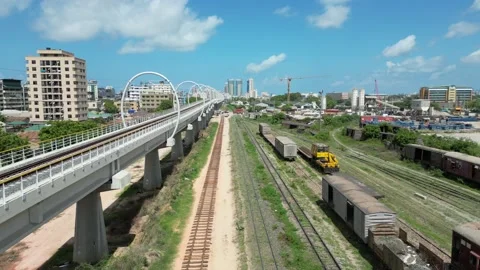 Aerial view of the SGR in Dar es Salaam / new railway Stock Footage 229653113
