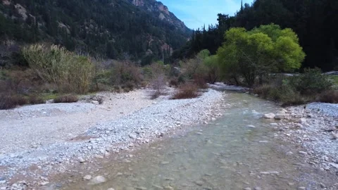 Aerial View of a Shallow River Flowing Through Mountains Stock Footage 304687022