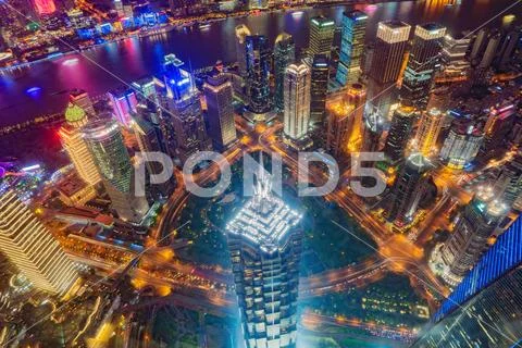 Aerial view of Shanghai Downtown, China. Financial district and business cent Stock Photos