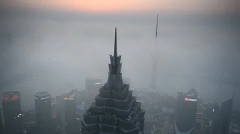 Aerial View of Shanghai Skyline, China, Huangpu River, Skyscrapers, Blurred Logo Stock Footage