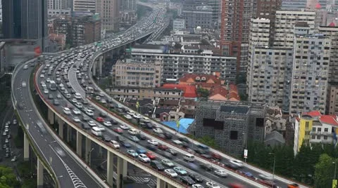 Aerial View Shanghai Skyline China Heavy Car Traffic Busy City Highway timelapse Stock Footage