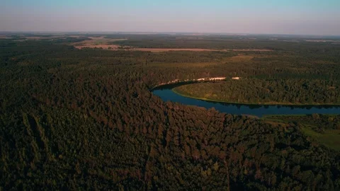 Aerial view of sharp bend in river among pine forests and panorama of beautiful Stockbeeldmateriaal 317837446