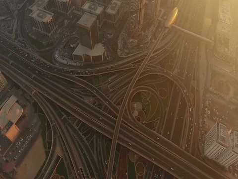 Aerial view of Sheikh Zayed Road desert Intersection and Dubai Metro Stock Footage 71483138