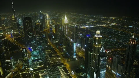 Aerial view Sheikh Zayed road night Skyscrapers Dubai Video stock 91714725