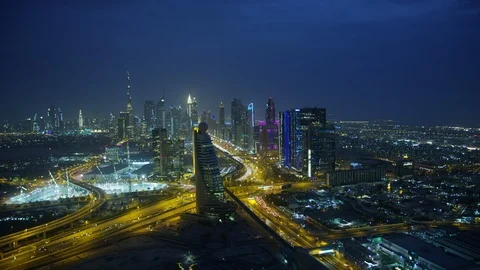 Aerial view Sheikh Zayed road night Skyscrapers Dubai Video stock 91714880