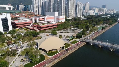 Aerial View of Shing Mun River River., Shatin, Hong Kong. The central of Shatin. Stock Footage 125225511