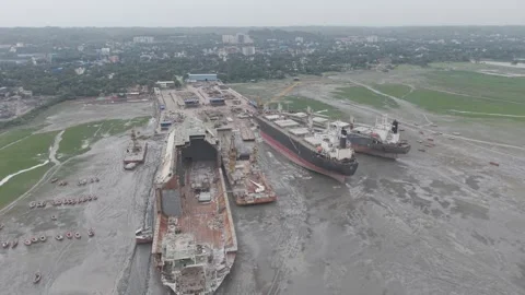 Aerial view of Ship Breakers Yard in Bhatiari, Bangladesh. Stock Footage 340606521