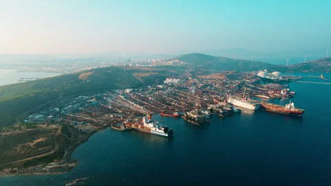 Aerial view of Ship breaking yard in Turkey Stock Footage 261419099
