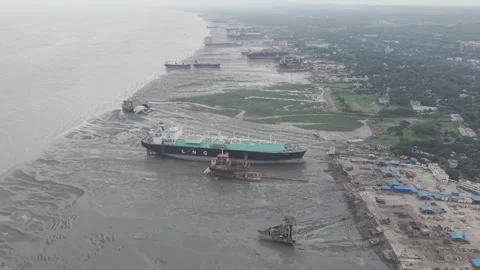 Aerial view of ship breaking yard in Bhatiari, Bangladesh. Stock Footage 340606494