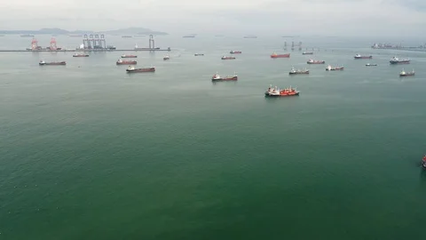 Aerial view of the ship carrying the lpg and oil tanker in the sea port. For ene Stock Footage 99502596