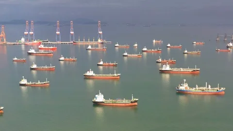 Aerial view of the ship carrying the lpg and oil tanker in the sea port Stock Footage 117992954